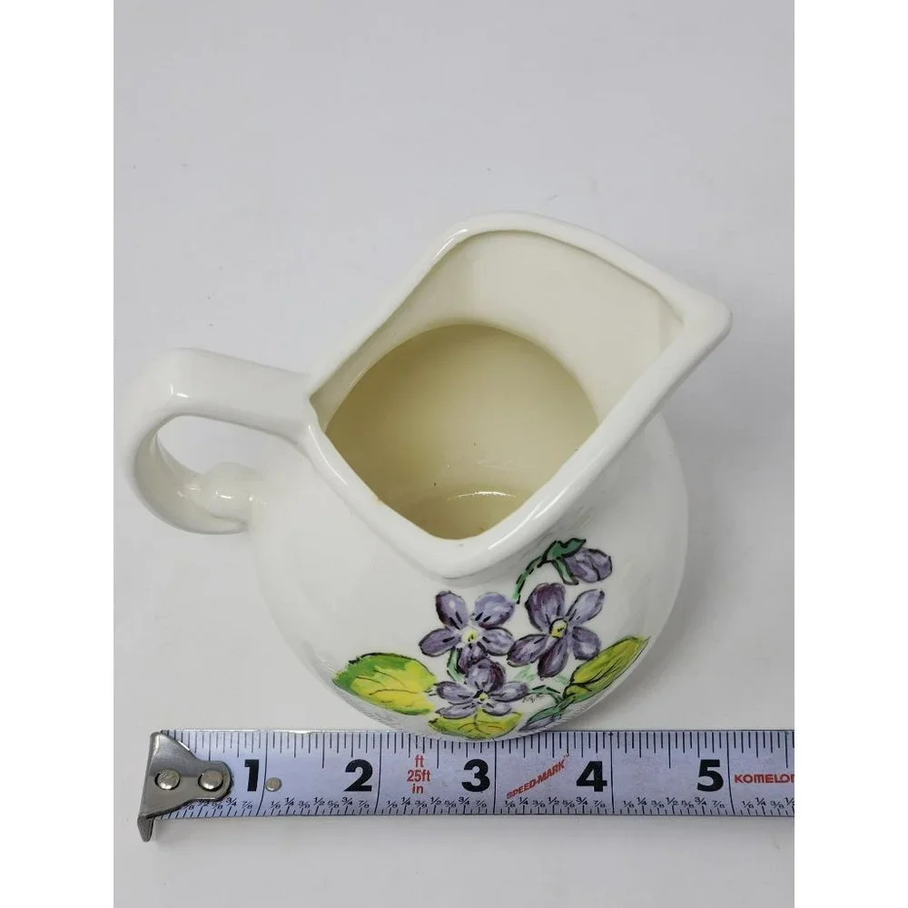 Vintage Hand Painted Ceramic Small‎ Pitcher/Creamer Blue Flowers Green Leaves